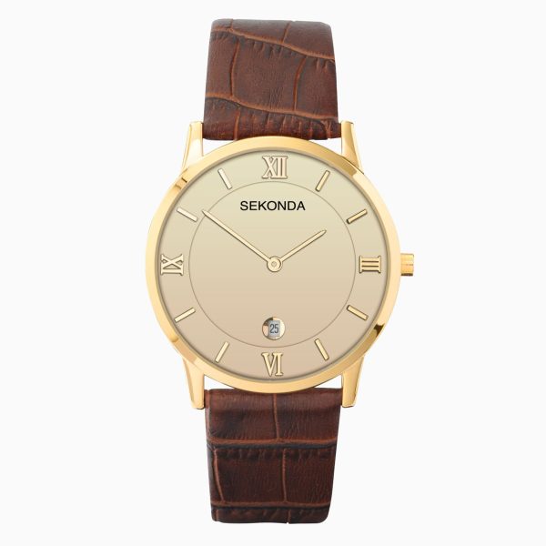 Classic Men’s Watch  –  Gold Case & Leather Strap with Champagne Dial