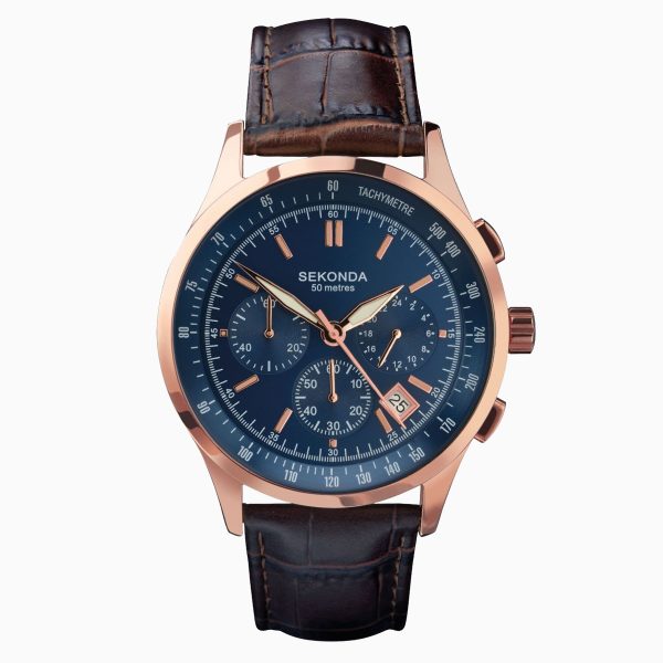 Men’s Watch  –  Rose Gold Case & Leather Strap with Blue Dial