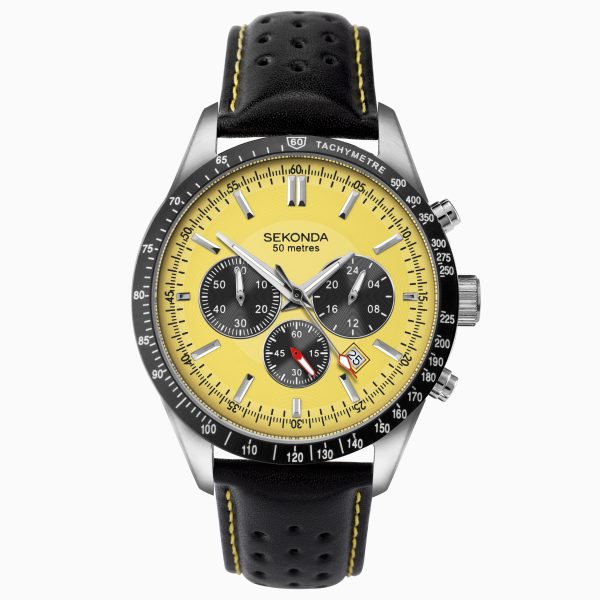 Velocity Chronograph Men’s Watch  –  Silver Case & Leather Strap with Yellow Dial