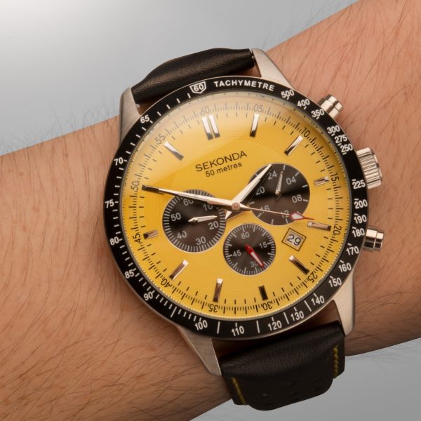 Velocity Chronograph Men’s Watch  –  Silver Case & Leather Strap with Yellow Dial 3
