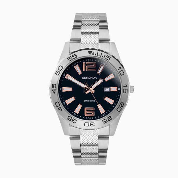 Men’s Dive Watch  –  Silver Alloy Case & Stainless Steel Bracelet with Black Dial