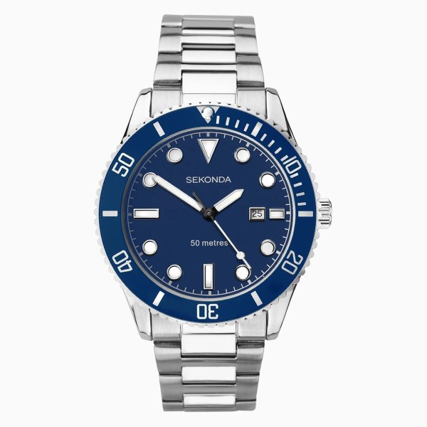 Ocean Men’s Watch  –  Silver Case & Stainless Steel Bracelet with Blue Dial