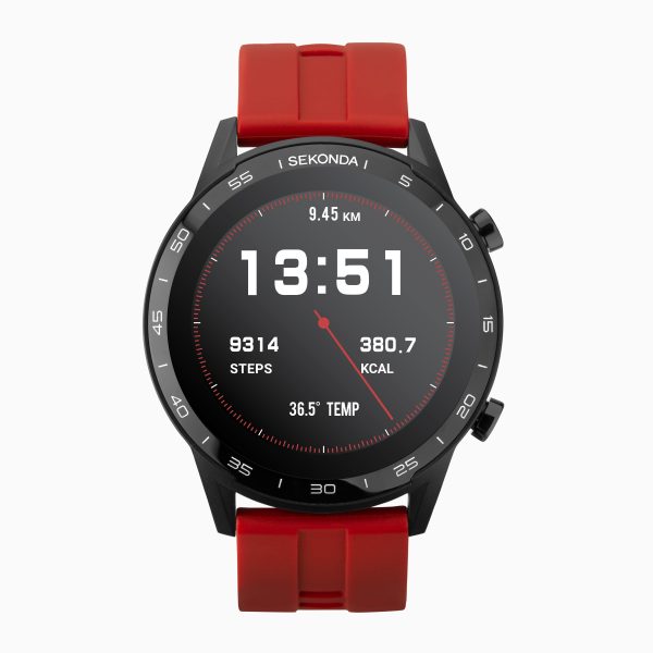 Active Smart Watch  –  Black Case & Red Silicone Strap