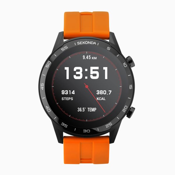 Active Smart Watch  –  Black Case & Orange Silicone Strap