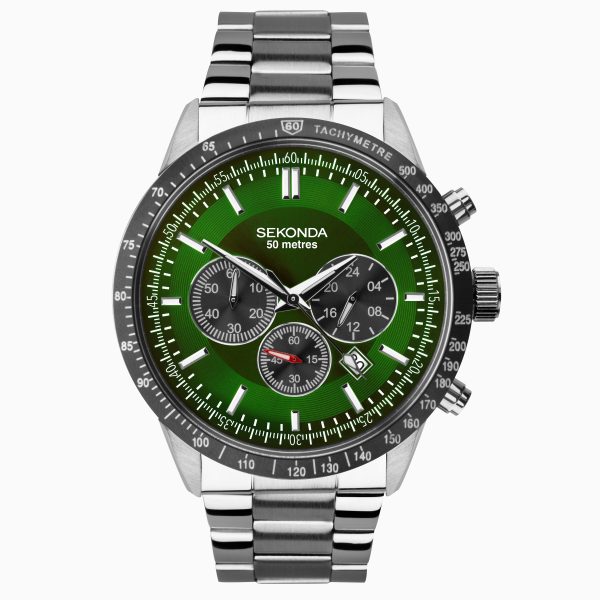 Velocity Chronograph Men’s Watch  –  Silver Case & Stainless Steel Bracelet with Green Dial