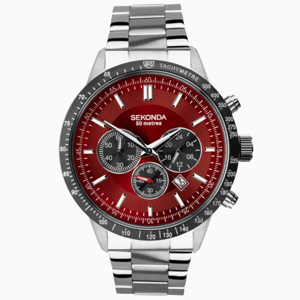 Velocity Chronograph Men’s Watch  –  Silver Case & Stainless Steel Bracelet with Red Dial
