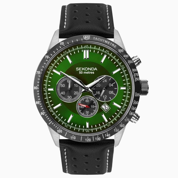 Velocity Men’s Chronograph  –  Silver Case & Leather Strap with Green Dial