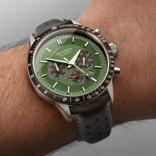 Velocity Men’s Chronograph  –  Silver Case & Leather Strap with Green Dial 5