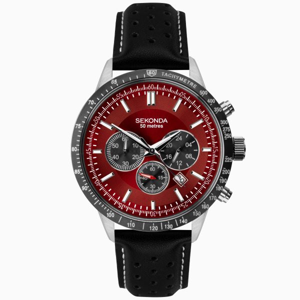 Velocity Men’s Chronograph  –  Silver Case & Leather Strap with Red Dial