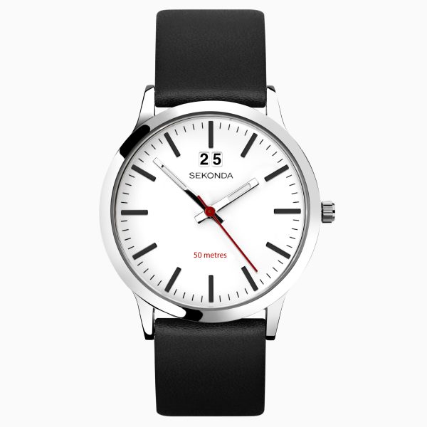 Nordic Men’s Watch  –  Silver Case & Black Leather Strap with White Dial