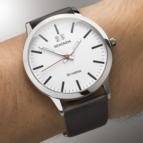 Nordic Men’s Watch  –  Silver Case & Black Leather Strap with White Dial 5