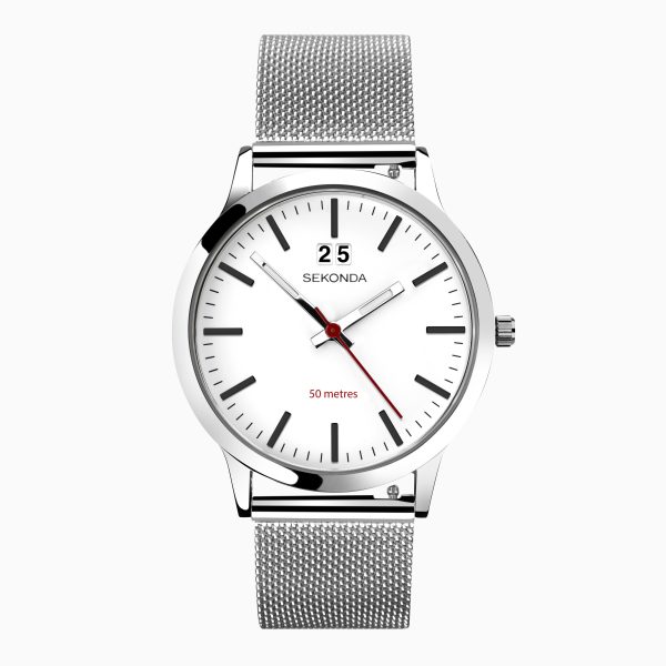 Nordic Men’s Watch  –  Silver Case & Stainless Steel Mesh Bracelet with White Dial