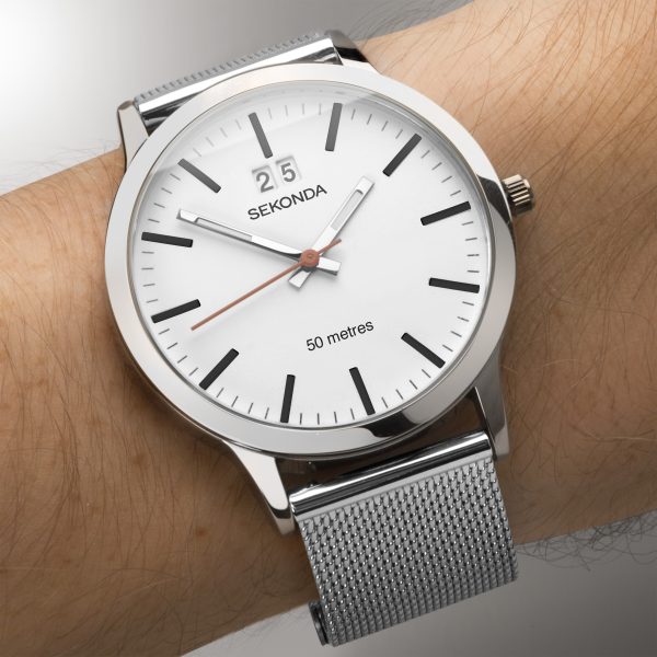 Nordic Men’s Watch  –  Silver Case & Stainless Steel Mesh Bracelet with White Dial 6