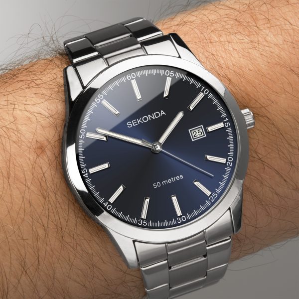 Taylor Men’s Watch  –  Silver Case & Stainless Steel Bracelet with Blue Dial 5