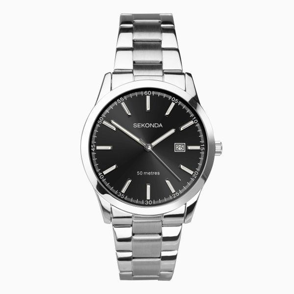 Taylor Men’s Watch  –  Silver Case & Stainless Steel Bracelet with Black Dial