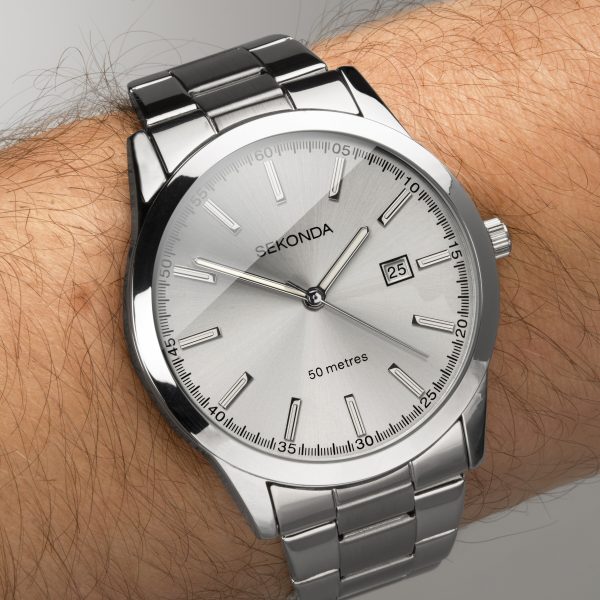Taylor Men’s Watch  –  Silver Case & Stainless Steel Bracelet with Silver White Dial 5
