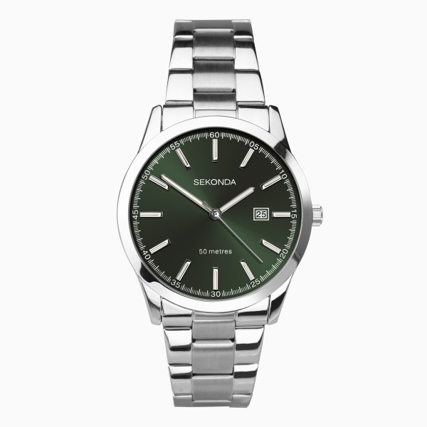 Taylor Men’s Watch  –  Silver Case & Stainless Steel Bracelet with Green Dial