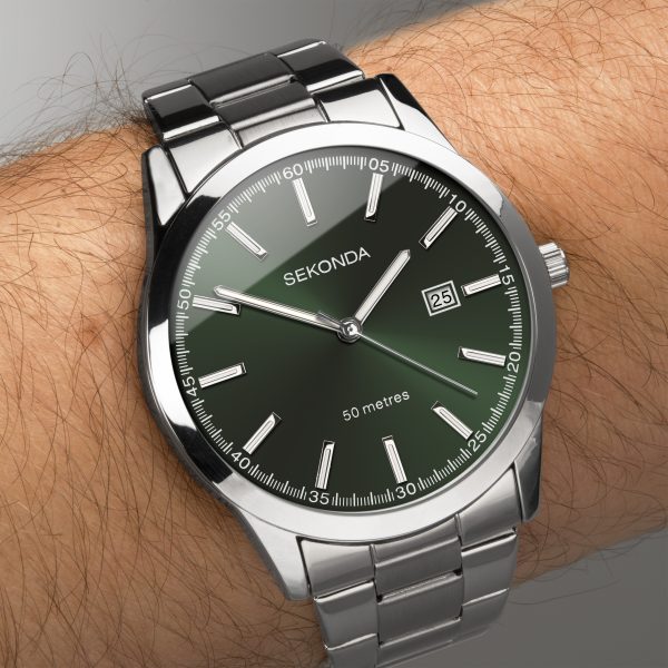 Taylor Men’s Watch  –  Silver Case & Stainless Steel Bracelet with Green Dial 5