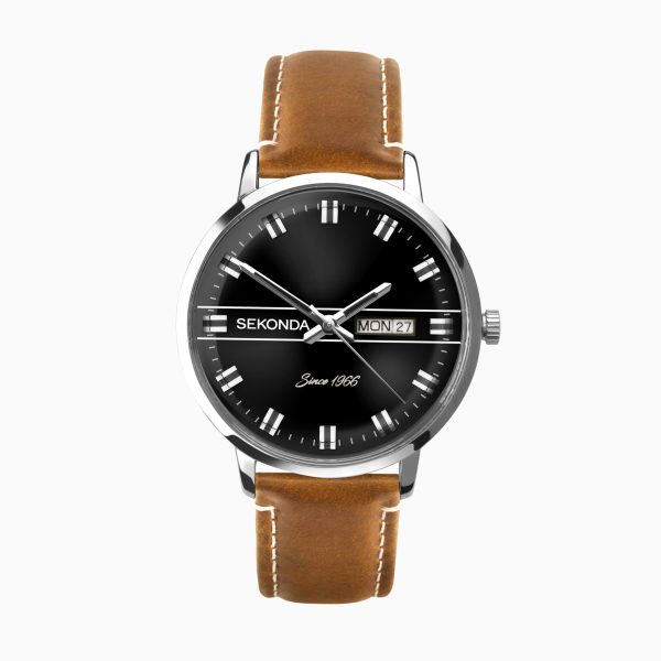 Men’s Heritage Watch  –  Silver Case & Tan Leather Strap with Black Dial