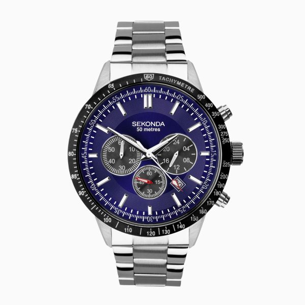 Velocity Chronograph Men’s Watch  –  Silver Case & Stainless Steel Bracelet with Blue Dial