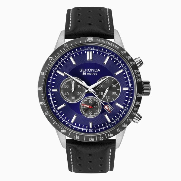 Velocity Men’s Chronograph  –  Silver Case & Leather Strap with Blue Dial