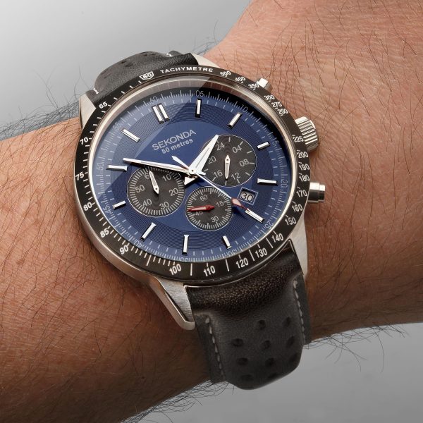 Velocity Men’s Chronograph  –  Silver Case & Leather Strap with Blue Dial 5