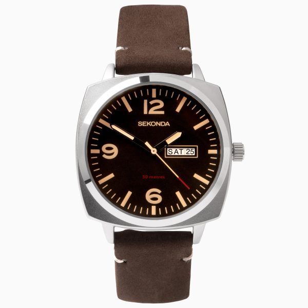 Airborne Men’s Watch  –  Silver Case & Brown Leather Strap with Black Dial