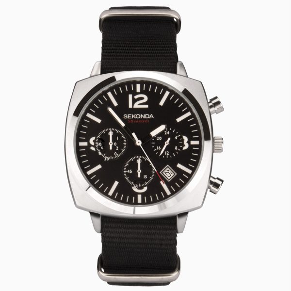 Airborne Men’s Chronograph Watch  –  Silver Case & Black Canvas Strap with Black Dial