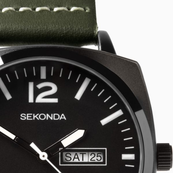 Airborne Men’s Watch  –  Black Case & Green Leather Strap with Black Dial 7