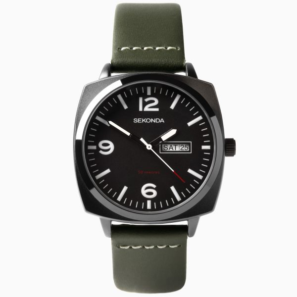 Airborne Men’s Watch  –  Black Case & Green Leather Strap with Black Dial