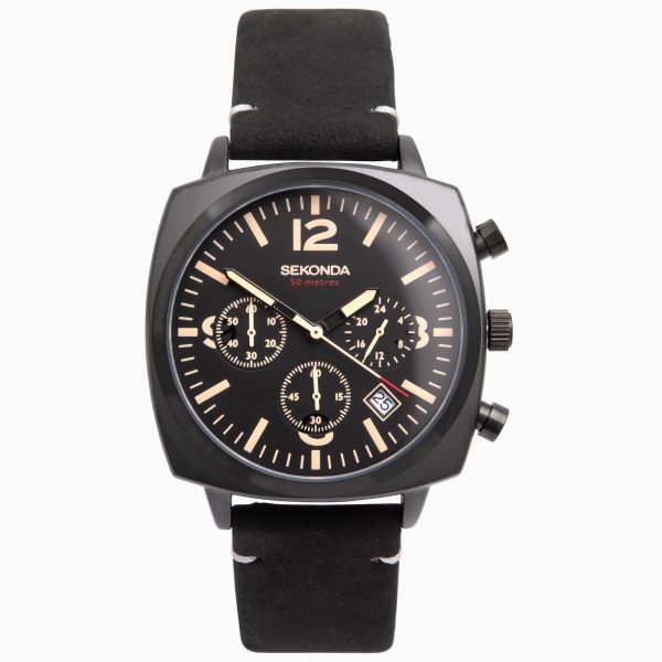 Airborne Men’s Chronograph Watch  –  Black Case & Leather Strap with Black Dial