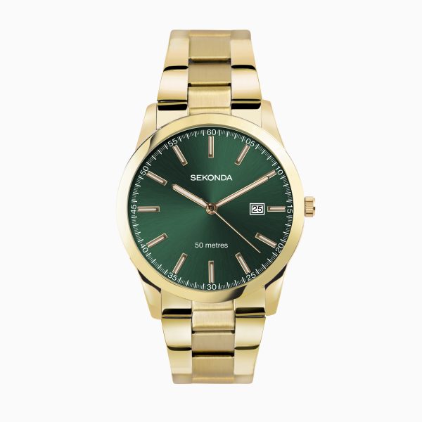 Taylor Men’s Watch  –  Gold Case & Stainless Steel Bracelet with Green Dial