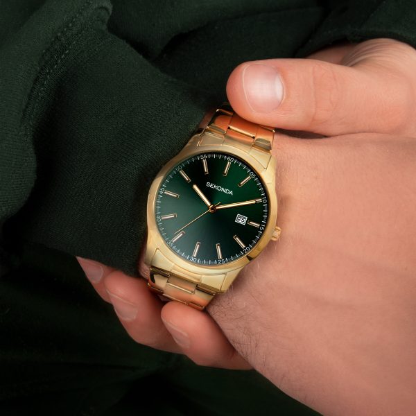 Taylor Men’s Watch  –  Gold Case & Stainless Steel Bracelet with Green Dial 5