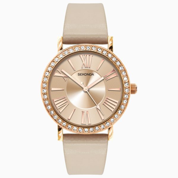 Ladies Dress Watch  –  Rose Gold Alloy Case & Beige PU Strap with Rose Dial