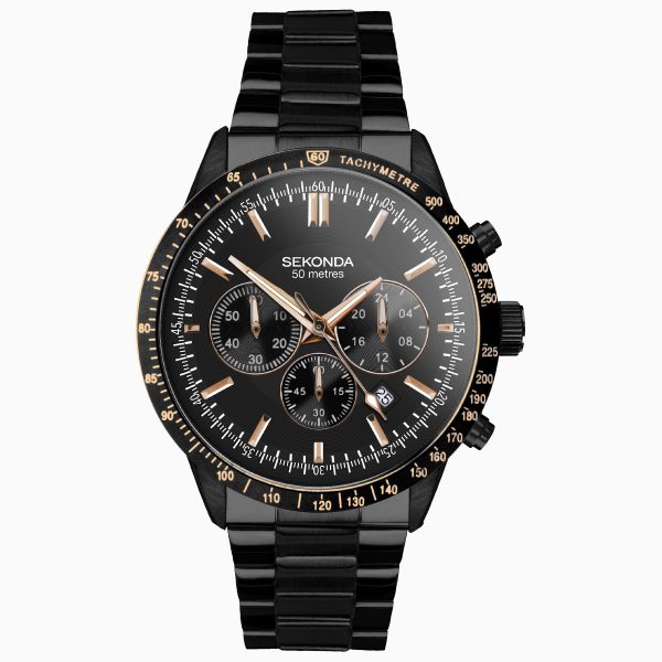 Velocity Chronograph Men’s Watch  –  Black Case & Black Stainless Steel Bracelet with Black Dial
