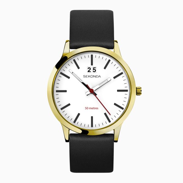 Nordic Men’s Watch  –  Gold Case & Black Leather Strap with White Dial