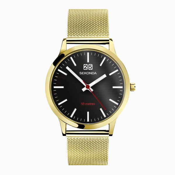 Nordic Men’s Watch  –  Gold Case & Gold Stainless Steel Mesh Bracelet with Black Dial