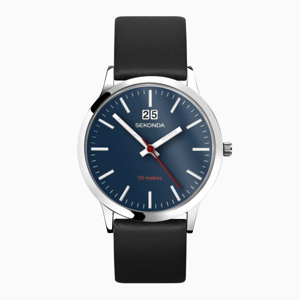 Nordic Men’s Watch  –  Silver Case & Black Leather Strap with Blue Dial