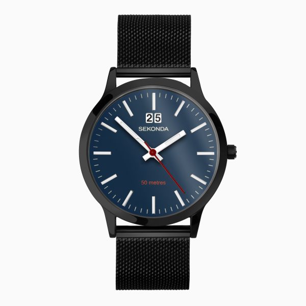 Nordic Men’s Watch  –  Black Case & Black Stainless Steel Mesh Bracelet with Blue Dial