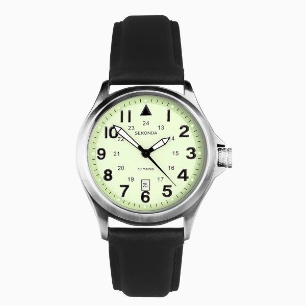 Altitude Men’s Watch  –  Silver Case & Black Leather Strap with Green Dial