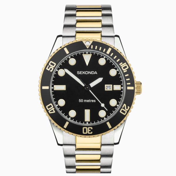 Ocean Men’s Watch  –  Two Tone Alloy Case & Stainless Steel Bracelet with Black Dial