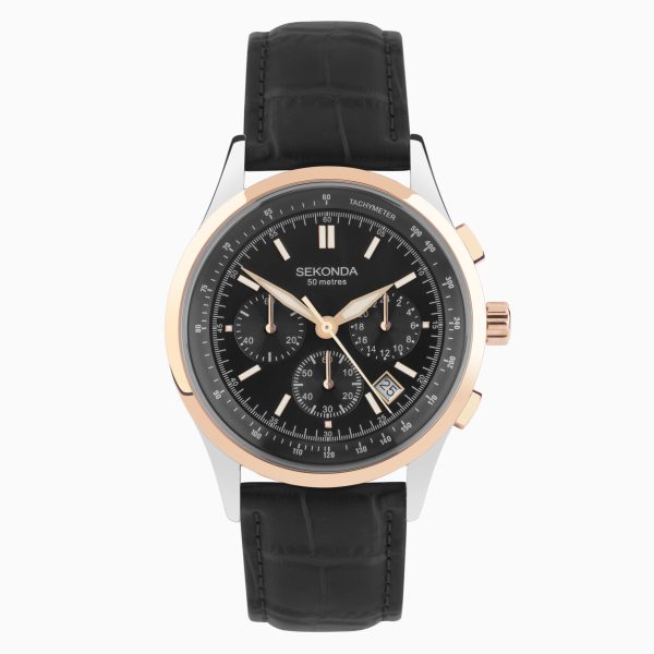 Racer Chronograph Men’s Watch  –  Two Tone Alloy Case & Black Leather Strap with Black Dial