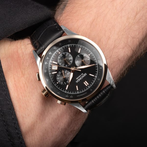 Racer Chronograph Men’s Watch  –  Two Tone Alloy Case & Black Leather Strap with Black Dial 3