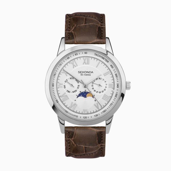Armstrong Moon Phase Men’s Watch  –  Silver Alloy Case & Brown Leather Strap with Silver Dial