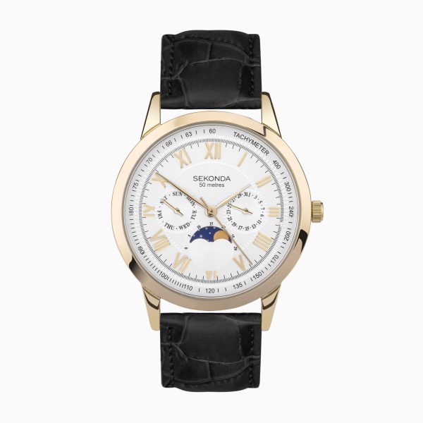 Armstrong Moon Phase Men’s Watch  –  Gold Alloy Case & Black Leather Strap with Silver Dial