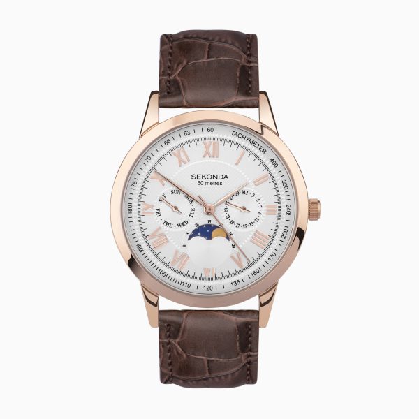 Armstrong Moon Phase Men’s Watch  –  Rose Gold Alloy Case & Brown Leather Strap with Silver Dial