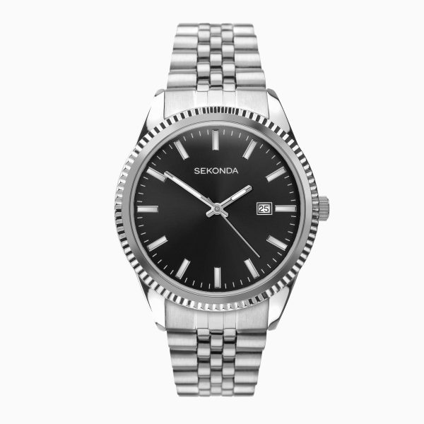 King Men’s Watch  –  Silver Alloy Case & Silver Stainless Steel Bracelet with Black Dial