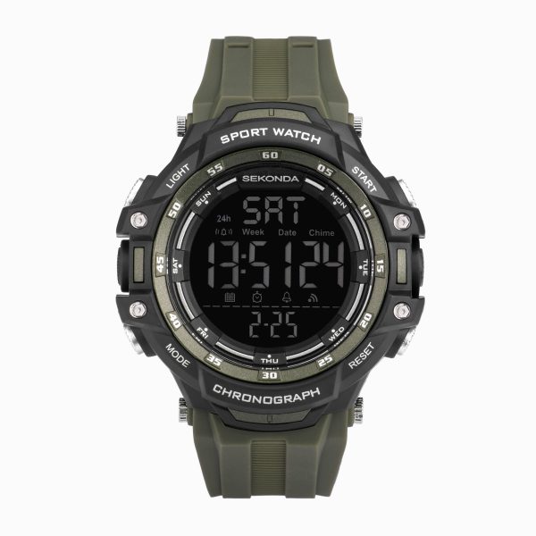 Crossfell Digital Men’s Watch  –  Black Plastic Case & Khaki Green Strap with Black LCD Display