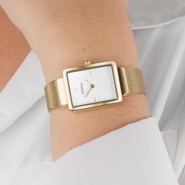 Curtis Ladies Watch  –  Gold Alloy Case & Stainless Steel Mesh Bracelet with White Dial 4