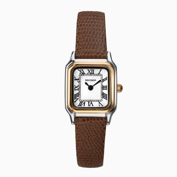 Monica Ladies Watch  –  Two Tone Case & Leather Strap with White Dial